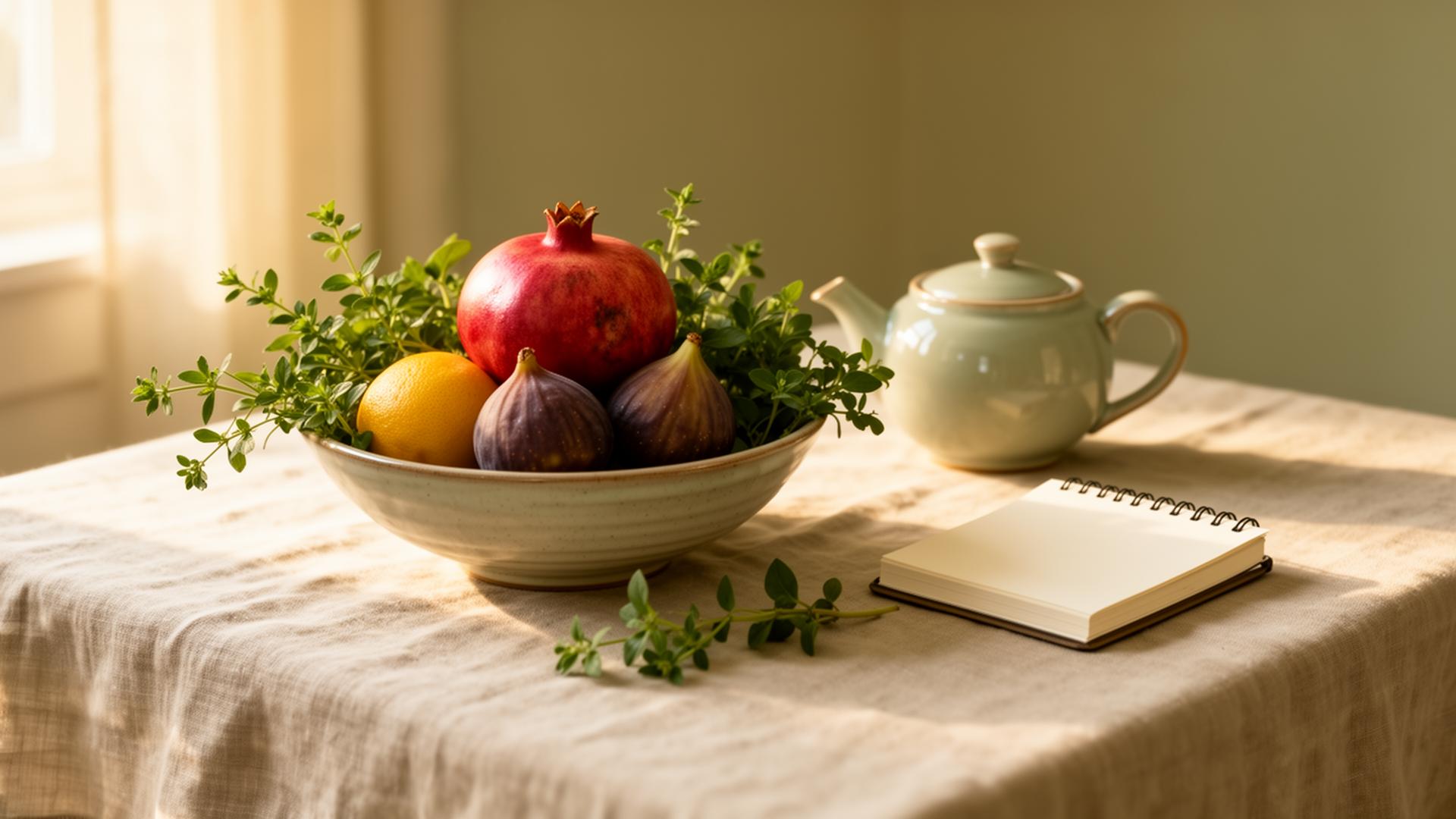 A still life of fresh fruits, herbs, and a teapot in warm morning light